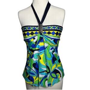 Tara Grinna Tankini Womens US S Green Mod Print Overlay Split Front Swim Top